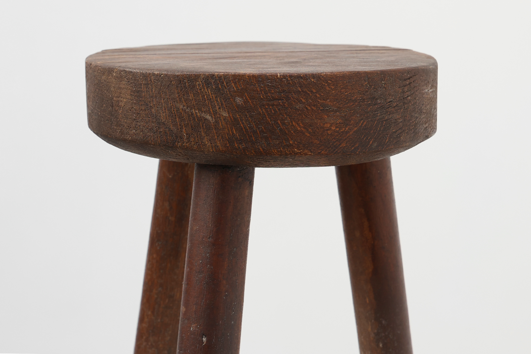 Rustic oak wooden tripod stool, France, ca. 1900thumbnail